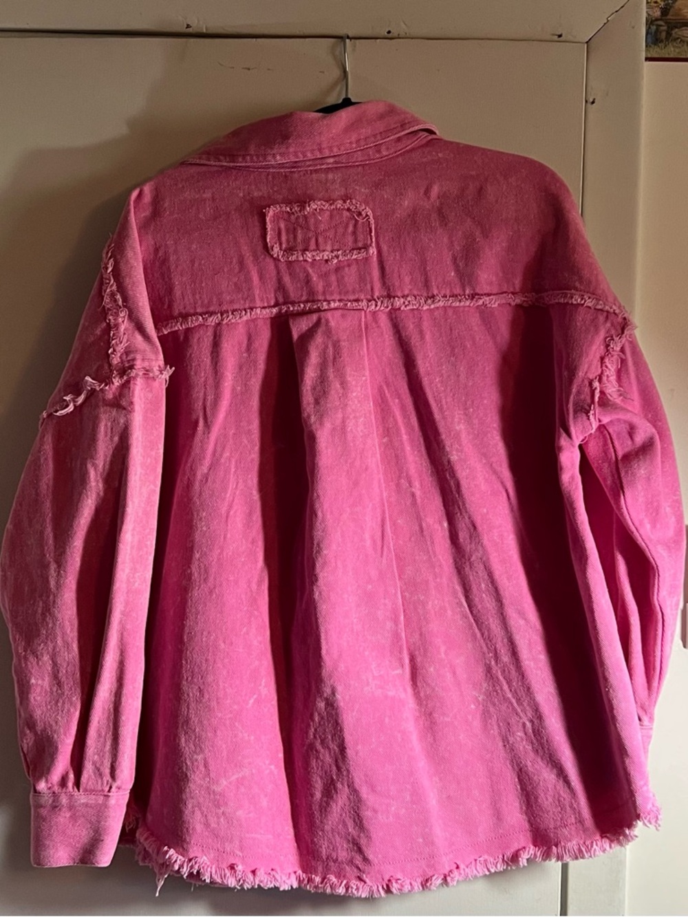 Distressed Pink Oversized Jean Jacket with Pocket Flap Details - Picture 2 of 2